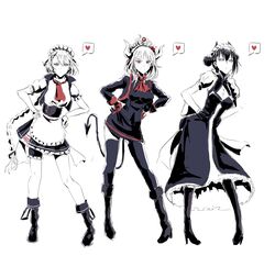  3girls agent_(girls&#039;_frontline) apron black_dress black_footwear black_gloves black_hair black_thighhighs boots braid braided_ponytail breasts chika_(keiin) closed_mouth commentary_request crossover demon_girl demon_horns demon_tail double_bun dress full_body g36_(girls&#039;_frontline) girls&#039;_frontline gloves green_eyes grey_eyes hair_bun hair_ornament hands_on_own_hips heart heart_print helltaker helltaker_dance highres horns knee_boots long_hair long_sleeves lucifer_(helltaker) maid maid_apron maid_headdress mole mole_under_eye multiple_girls red_eyes sangvis_ferri short_hair smile standing tail thighhighs white_background white_gloves white_hair 