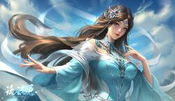  absurdres blue_dress blue_eyes blue_sky breasts brown_hair circlet cloud douluo_dalu dress female hair_ornament highres long_hair long_sleeves medium_breasts ning_rongrong_(douluo_dalu) parted_lips second-party_source sky solo upper_body yi_dakou_yangmao 