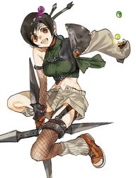  armor asymmetrical_bangs asymmetrical_legwear breasts brown_eyes brown_hair commentary crop_top female final_fantasy final_fantasy_vii final_fantasy_vii_remake fingerless_gloves fishnet_armwear fishnet_thighhighs fishnets full_body gloves green_shirt headband highres holding holding_weapon leg_warmers materia medium_breasts midriff navel open_fly open_mouth shirt shoes short_hair shoulder_armor shuriken sleeveless sleeveless_turtleneck smile sneakers solo talesofmea teeth thighhighs turtleneck upper_teeth_only weapon white_background yuffie_kisaragi 