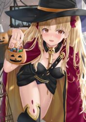  birdcage black_dress black_hat black_thighhighs blonde_hair breasts cage cloak commentary_request dress earrings ereshkigal_(fate) fate/grand_order fate_(series) female gold_trim hair_ribbon halloween halloween_bucket hat highres hood hoop_earrings jewelry kazama_(akki12) leaning_forward long_hair looking_at_viewer medium_breasts open_mouth parted_bangs red_cloak red_eyes ribbon single_sleeve single_thighhigh skull smile solo spine thighhighs thighs two-sided_cloak two-sided_fabric two_side_up witch_hat yellow_cloak 