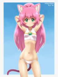  animal_ears armpits arms_up awa breasts cat_ears cat_tail female green_eyes gundam gundam_build_divers long_hair looking_at_viewer momo_(gundam_build_divers) navel pink_hair ponytail sleeveless small_breasts solo straight-on swimsuit tail yashiro_momoka 