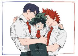  3boys artist_name black_hair boku_no_hero_academia carrying collared_shirt commentary_request fang_out freckles glasses green_eyes green_hair green_pants grey-framed_eyewear hand_on_another&#039;s_leg hug iida_tenya kirishima_eijirou looking_down male_focus mantos_no.7 midoriya_izuku multiple_boys necktie oerba_yun_fang one_eye_closed open_mouth pants red_hair red_necktie school_uniform shirt shirt_grab short_sleeves simple_background spiked_hair sweat thai_commentary u.a._school_uniform watermark white_background white_shirt yaoi 