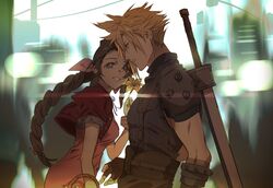  1boy aerith_gainsborough armor asymmetrical_hair bandaged_arm bandages belt blonde_hair blue_eyes blue_shirt braid braided_ponytail breasts buster_sword choker cloud_strife collaboration cropped_jacket dress earrings female final_fantasy final_fantasy_vii final_fantasy_vii_remake flower flower_basket gloves green_eyes hair_ribbon highres holding holding_flower jacket jewelry medium_breasts mikuroron muscular muscular_male parted_bangs pink_dress red_jacket ribbon shirt shoulder_armor sidelocks single_earring sleeveless sleeveless_turtleneck smile spiked_hair suspenders sword sword_on_back talesofmea turtleneck upper_body weapon weapon_on_back yellow_flower 