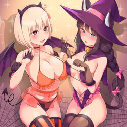  2girls absurdres alternate_eye_color animal_ear_fluff animal_ears bell bikini black_gloves black_hair black_panties blonde_hair blue_eyes breasts cat_ears cat_tail demon_girl demon_horns demon_tail ears_through_headwear eyepatch_bikini fangs fingerless_gloves gloves halloween halloween_costume hat highres holding_hands horns inoue_takina jingle_bell large_breasts lingerie long_hair lycoris_recoil medium_breasts multiple_girls neck_bell nishikigi_chisato one_side_up open_mouth panties parted_lips red_eyes short_hair silk sitting sparkle spider_web striped_clothes striped_thighhighs swimsuit tail thighhighs thighs toba_tsutsumi underwear wings witch_hat 