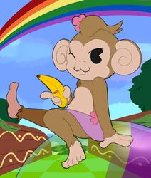  2023 anthro banana barefoot brown_body brown_fur clothing day dose feet female fingers food fruit fur haplorhine hi_res looking_at_viewer mammal meemee monkey one_eye_closed plant primate rainbow sitting smile solo super_monkey_ball toes wink 