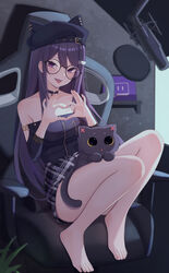  :p animal_hat bare_shoulders barefoot black_choker black_hat breasts can_zhu cat_hair_ornament cat_hat chair choker fangs feet feline female gaming_chair glasses grey_skirt hair_ornament hat heart heart_hands highres knees_up ksp_(vtuber) long_hair long_sleeves looking_at_viewer medium_breasts meridian_project microphone miniskirt monitor off-shoulder_shirt off_shoulder official_alternate_costume plaid plaid_skirt pop_filter purple_eyes purple_hair round_eyewear shirt sitting skirt solo swivel_chair toes tongue tongue_out twitch_logo very_long_hair virtual_youtuber zipper zipper_pull_tab 