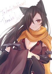  animal_ears bad_id bad_twitter_id black_hair breasts cat_ears commission female fire_emblem fire_emblem_fates hair_over_one_eye highres japanese_clothes kagero_(fire_emblem) large_breasts long_hair looking_at_viewer mizuku scarf skeb_commission solo upper_body 