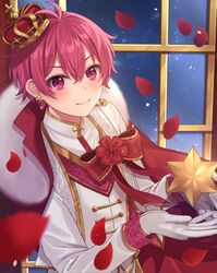  1boy bad_id bad_twitter_id blush crown ear_piercing earrings gloves highres ireisu jewelry long_sleeves looking_at_viewer male_focus naiko_(ireisu) o8uin piercing pink_eyes pink_hair prince royal_robe shirt short_hair sky solo star_(sky) star_(symbol) starry_sky utaite white_shirt 