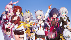  6+girls :d absurdres ahoge animal_ears bare_shoulders black_dress blue_background blue_eyes bodysuit braid breasts bronya_zaychik bronya_zaychik_(yamabuki_armor) brown_gloves brown_shorts cleavage closed_eyes closed_mouth doll dress drill_hair fox_ears fox_mask gloves grey_eyes grey_hair highres holding holding_doll homu_(honkai_impact) honkai_(series) honkai_impact_3rd jacket japanese_clothes kiana_kaslana kiana_kaslana_(white_comet) leotard long_hair long_sleeves looking_at_viewer mask miko mole mole_on_breast multiple_girls murata_himeko murata_himeko_(battle_storm) nun official_art open_mouth pink_hair pink_skirt ponytail purple_eyes raiden_mei raiden_mei_(crimson_impulse) red_hair red_jacket shorts side_ponytail skirt smile theresa_apocalypse theresa_apocalypse_(valkyrie_pledge) thighhighs twin_braids twin_drills white_bodysuit white_hair white_thighhighs yae_sakura yae_sakura_(gyakushinn_miko) yellow_eyes yellow_leotard 