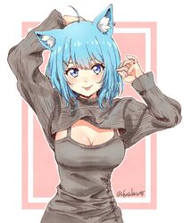  absurdres ahoge animal_ear_fluff animal_ears animare arms_up blue_eyes blue_hair blush breasts cleavage closed_mouth commentary dog_ears ear_piercing eyelashes female fuusuke_(fusuke208) grey_sweater grey_tank_top hair_ornament highres light_blue_hair long_sleeves looking_at_viewer medium_breasts nanashi_inc. piercing pink_background short_hair shrug_(clothing) simple_background smile solo souya_ichika sweater tank_top tongue tongue_out twitter_username upper_body virtual_youtuber x_hair_ornament 