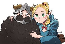  1boy beard big_nose blonde_hair blue_dress breasts brown_hair cleavage dress dungeon_meshi dwarf elf facial_hair female green_eyes helmet horns korean_commentary long_beard marcille_donato pointy_ears ponytail pouch senshi_(dungeon_meshi) smile toot water_drop 