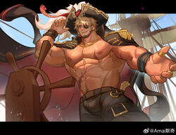  1boy abs absurdres amaimochi bara bare_pectorals beard_stubble beckoning belt biceps blonde_hair bulge coat coat_on_shoulders commission eugene_kidd eyepatch facial_hair floating_cape hat highres large_belt large_pectorals leather leather_pants leg_belt looking_at_viewer male_focus mature_male muscular muscular_male navel navel_hair nipples original outstretched_hand pants pectorals pirate pirate_hat reaching reaching_towards_viewer red_eyes sailing_ship sanpaku scar scar_on_arm scar_on_chest scar_on_stomach seductive_smile ship&#039;s_wheel short_hair shroud_(sailing) smile solo stomach strongman_waist stubble thick_eyebrows wind 