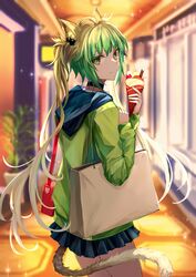  animal_ear_fluff animal_ears atalanta_(fate) bag black_choker blonde_hair blue_skirt blurry blurry_background choker closed_mouth commentary commission cowboy_shot fate/apocrypha fate_(series) female food from_behind gradient_hair green_eyes green_hair green_jacket grocery_bag handbag highres holding holding_food hood hooded_jacket indoors jacket kaze_minoru_so-ru lion_ears lion_girl lion_tail long_hair long_sleeves looking_at_viewer looking_back miniskirt multicolored_hair pleated_skirt shopping_bag skirt smile solo tail twintails two-tone_hair 