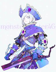  :3 androgynous armor blue_armor blue_eyes capelet chainmail closed_mouth copyright_name couter cowboy_shot cuirass dot_pupils dual_wielding eyes_visible_through_hair female gauntlets gears grey_eyes hat highres holding holding_sword holding_weapon lunastra_(armor) monster_hunter_(character) monster_hunter_(series) monster_hunter_4 monster_hunter_4_g nishihara_isao photoshop_(medium) purple_armor purple_capelet rerebrace short_hair smile solo sword weapon white_hair 