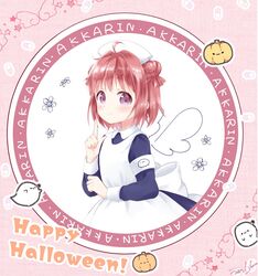  ahoge akaza_akari blush border character_name closed_mouth double_bun drawn_wings english_text female framed hair_bun halloween hand_up happy_halloween hat index_finger_raised little_nurse looking_at_viewer mearian mentholatum nurse_cap purple_eyes red_hair round_image short_hair smile solo twintails white_hat yuru_yuri 