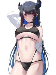  arm_up asymmetrical_horns bikini black_bikini black_choker black_hair blue_hair blush breasts choker colored_inner_hair cowboy_shot demon_horns female groin hair_ornament highres hololive hololive_english horns large_breasts lessone long_hair looking_at_viewer mole mole_under_eye multicolored_hair navel nerissa_ravencroft off_shoulder red_eyes simple_background solo stomach swimsuit tassel tassel_hair_ornament two-tone_hair very_long_hair virtual_youtuber white_background 