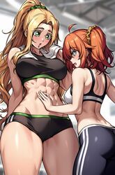  2girls abs absurdres ahoge ass back bare_shoulders black_buruma black_pants black_sports_bra blonde_hair blush breasts buruma chin_piercing commentary commission covered_nipples english_commentary fate/grand_order fate_(series) fujimaru_ritsuka_(female) green_eyes green_scrunchie hand_on_another&#039;s_stomach height_difference highres large_breasts long_hair looking_at_another looking_down medium_breasts multiple_girls muscle_awe muscular muscular_female navel one_side_up open_mouth orange_eyes orange_hair pants parted_bangs ponytail quetzalcoatl_(fate) scrunchie short_hair side_ponytail sports_bra sportswear thick_thighs thighs toned towel towel_around_neck white_sports_bra white_towel yellow_scrunchie yoga_pants yuri zantyarz 