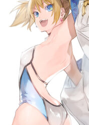  :d armpits ass back bare_shoulders blonde_hair blue_eyes breasts covered_nipples earrings female from_behind granblue_fantasy jewelry leotard maka_(morphine) off_shoulder open_mouth outstretched_arms pengy_(granblue_fantasy) short_hair short_twintails small_breasts smile solo twintails white_background 