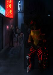  absurd_res alley ambiguous_species anthro assault backalley crosshair female grabbing_hair group gun handgun hi_res hiding_behind_wall machine male moon neon_lights neon_sign quandy ranged_weapon revolver robot sign solo_focus stealth synth_(vader-san) synthetic sysha tail urban waiting weapon 