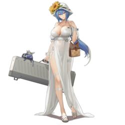  bag bare_shoulders bikini blue_hair blue_nails breasts brown_bag camera_phone cleavage closed_mouth collarbone dinergate_(girls&#039;_frontline) dp-12_(girls&#039;_frontline) dress eyebrows_visible_through_hair female floor flower girls&#039;_frontline grey_eyes hand_up hat hat_flower highres holding holding_bag holding_case jewelry ksvk_(girls&#039;_frontline) large_breasts legs long_hair looking_at_viewer multicolored_hair nail_polish necklace official_art pandea_work sandals smile solo standing summer sun_hat swimsuit toenails transparent_background viewfinder weapon_case white_bikini white_dress white_headwear white_swimsuit 