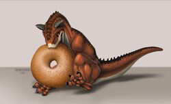  2019 3_toes abelisaurid bagel big_food bite bread brown_background brown_body brown_scales carnotaurus deanosaior dinosaur eating extinct feet feral food giant_food green_eyes horn male multicolored_body nom prehistoric_species red_body red_scales reptile scales scalie sesame_seeds shadow simple_background sitting solo spines tail tan_background theropod toes watermark white_body white_scales 