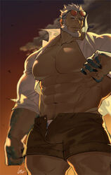  1boy abs aegir_(tokyo_houkago_summoners) anchor_earrings aqua_hair bara bare_pecs beard blue_eyes brown_shorts bulge cloud cowboy_shot dark_skin dark_skinned_male earrings eyewear_on_head facial_hair fingernails fins gomtang jewelry large_pectorals looking_to_the_side male_focus male_pubic_hair mature_male multicolored_hair muscular muscular_male navel navel_hair nipples open_clothes open_shirt open_shorts pubic_hair sharp_fingernails short_hair shorts single_earring sleeves_rolled_up solo stomach streaked_hair sunset thick_thighs thighs tokyo_houkago_summoners white_hair white_male_underwear wind 