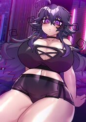  :o absurdres ahoge bare_shoulders black_choker breasts choker city cityscape crawling_dreams female highres huge_breasts long_hair nyarla_(osiimi) osiimi purple_eyes purple_hair sidelocks thick_thighs thighs 