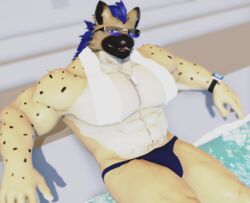  2023 3d_(artwork) anthro blue_hair clothing digital_media_(artwork) eyewear hair hi_res hyena looking_at_viewer male malicekira mammal mikumikudance_(artwork) muscular muscular_male open_mouth poolside smile solo speedo spotted_hyena sunglasses swimwear towel towel_around_neck waidan_kai 