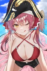  ;d artist_name bare_shoulders bikini bikini_top_only breasts cleavage cloud commentary_request day eyelashes female hailiu hair_between_eyes hair_ornament halterneck hat highres hololive houshou_marine houshou_marine_(1st_costume) houshou_marine_(summer) innertube large_breasts long_hair low_twintails no_shirt ocean one_eye_closed pirate pirate_hat red_bikini red_hair short_shorts shorts smile sparkle spread_legs sweatdrop swim_ring swimsuit twintails virtual_youtuber yellow_eyes 