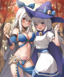  2girls :d absurdres bad_id bad_pixiv_id bell bikini blue_bikini blue_hairband breasts cape character_request commission dungeon_and_fighter food forest grey_cape hairband hat highres holding holding_food jingle_bell korean_commentary long_hair looking_at_viewer medium_breasts multiple_girls nature outdoors pharamacom pubic_tattoo purple_cape purple_eyes purple_headwear red_eyes smile sujub&#039;s_character swimsuit tattoo tree white_hair witch_hat 