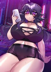  :o absurdres ahoge bare_shoulders black_choker breasts choker city cityscape crawling_dreams female highres huge_breasts long_hair nyarla_(osiimi) osiimi purple_eyes purple_hair sidelocks sweat sweatdrop thick_thighs thighs towel 