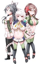  3girls amagi_(kancolle) amagi_kai_(kancolle) aqua_eyes bad_id bad_twitter_id black_hair braid breasts brown_hair cleavage cleavage_cutout clothing_cutout commentary_request crop_top flat_chest flower hair_flower hair_ornament highres kantai_collection katsuragi_(kancolle) katsuragi_kai_(kancolle) kirigakure_(kirigakure_tantei_jimusho) large_breasts long_hair midriff miniskirt multiple_girls navel ponytail side_slit single_braid skirt smile unryuu_(kancolle) very_long_hair white_hair yellow_eyes 