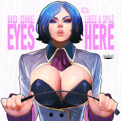  ascot blue_eyes blue_hair breasts cleavage cleavage_cutout clothing_cutout collarbone dress elisabeth_blanctorche female highres holding ickpot jacket large_breasts long_sleeves looking_at_viewer makeup parted_lips purple_ascot riding_crop short_hair simple_background snk solo the_king_of_fighters the_king_of_fighters_xi upper_body v-shaped_eyebrows 