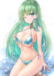  ;) aqua_bikini bare_arms bare_shoulders barefoot bikini blue_eyes breasts commentary female frog_hair_ornament green_hair green_nails hair_ornament kneeling kochiya_sanae large_breasts long_hair looking_at_viewer nail_polish navel one_eye_closed simple_background smile snake_hair_ornament solo stomach swimsuit thighs touhou very_long_hair white_background y2 