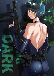  absurdres ass bare_shoulders belt belt_pouch blue_eyes blue_hair breasts cowboy_shot fax61209 female glasses gun highres horns leotard looking_back lv1_maou_to_one_room_yuusha pointy_ears pouch shadow solo spectre_m4 sweat utility_belt weapon yellow-framed_eyewear zenia_(lv1_maou_to_one_room_yuusha) 