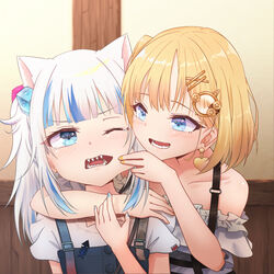  2girls animal_ears arm_around_neck blonde_hair blue_eyes blue_hair blue_nails blunt_bangs blush cat_ears cheek_pinching dress earrings gawr_gura gawr_gura_(casual) grey_hair hair_ornament hololive hololive_english jewelry karorena long_hair monocle multicolored_hair multiple_girls nail_polish one_eye_closed open_mouth pinching ponytail shark_girl sharp_teeth short_hair shoulder_strap smile streaked_hair teeth virtual_youtuber watson_amelia watson_amelia_(street_casual) yellow_nails 