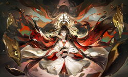  2girls absurdres bracelet brown_eyes brown_hair chinese_commentary closed_eyes commentary earrings highres hugging_object japanese_clothes jewelry kimono kuusou_menreiki long_hair long_sleeves looking_at_viewer menreiki multiple_girls onmyoji parted_lips ruoganzhao smile sparkle tassel very_long_hair white_kimono wide_sleeves 