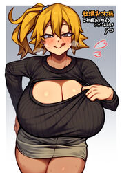  :&gt; absurdres alternate_breast_size black_sweater blonde_hair blush breasts cleavage cleavage_cutout cleavage_reach clothing_cutout female gradient_background grey_eyes hand_on_own_hip heart heavy_breathing highres huge_breasts kagerou_project kisaragi_momo leaning_forward licking_lips meme_attire miniskirt nikuatsu_magician_shinbo open-chest_sweater pantyhose ribbed_sweater seductive_smile short_hair side_ponytail simple_background skirt smile solo sweat sweater tongue tongue_out translation_request 