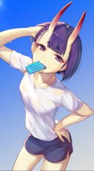  adjusting_hair alternate_costume arm_up blue_background blue_shorts blunt_bangs breasts casual collarbone commentary_request contemporary cowboy_shot eyeshadow fang_out fate/grand_order fate_(series) female food food_in_mouth from_above gradient_background grey_shirt gym_shirt gym_shorts hand_on_own_hip highres horns kotoribako leaning_forward looking_at_viewer looking_up makeup mouth_hold oerba_yun_fang oni parted_lips popsicle purple_eyes purple_hair shirt short_hair short_sleeves shorts shuten_douji_(fate) signature skin-covered_horns small_breasts solo standing tsurime 