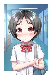  :o androgynous bad_id bad_twitter_id black_hair blurry bow bowtie brown_eyes commentary_request depth_of_field female hallway highres kantai_collection kirigakure_(kirigakure_tantei_jimusho) maru-yu_(kancolle) open_mouth school_uniform see-through short_hair solo striped_bow striped_bowtie striped_clothes thick_eyebrows upper_body 