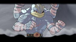  16:9 2022 4_arms 5_fingers abs arm_scar arm_wraps biceps black_sclera blurred_background chest_scar clothed clothing drunk_oak finger_wraps fingers generation_1_pokemon hi_res humanoid looking_at_viewer machamp male mouth_scar multi_arm multi_limb muscular muscular_male nintendo not_furry pecs pokemon pokemon_(species) red_eyes scar shoulder_scar solo teeth topless widescreen wraps wrist_wraps 