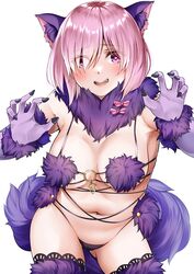  absurdres animal_ears bare_shoulders blush bow breasts cleavage elbow_gloves fate/grand_order fate_(series) female fur-trimmed_gloves fur-trimmed_legwear fur_collar fur_trim gloves hair_over_one_eye highres lace-trimmed_legwear lace_trim large_breasts len_(hand_linke) light_purple_hair looking_at_viewer mash_kyrielight mash_kyrielight_(dangerous_beast) navel o-ring official_alternate_costume open_mouth purple_eyes purple_gloves purple_tail purple_thighhighs revealing_clothes short_hair smile solo tail thighhighs wolf_ears wolf_tail 