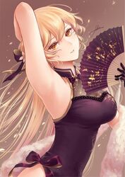  alternate_costume armpits black_dress black_gloves black_ribbon blonde_hair bow bowtie breasts china_dress chinese_clothes commentary_request dress female filha flower folding_fan fur girls&#039;_frontline gloves hair_flower hair_ornament hair_ribbon hand_fan hand_in_own_hair holding holding_fan korean_commentary long_hair looking_at_viewer medium_breasts official_alternate_costume ots-14_(girls&#039;_frontline) ots-14_(sangria_succulent)_(girls&#039;_frontline) ribbon solo standing yellow_eyes 