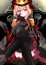  absurdres alternate_costume black_gloves black_headwear black_legwear blonde_hair blue_oath blush closed_mouth cross cross_necklace crossed_legs female gauntlets gloves hand_on_own_cheek hand_on_own_face hand_on_own_knee hat heart heart_print highres iwashi_(wasii_91) jacket jewelry legs long_hair looking_at_viewer necklace pink_background prinz_eugen_(blue_oath) purple_eyes solo_focus thighhighs uniform 