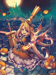  :d absurdres bat_wings blue_gloves blush bow castle charlotta_(granblue_fantasy) city_lights cityscape commentary crown female from_side gloves granblue_fantasy grey_bow hairbow halloween halloween_costume harvin hat highres jack-o&#039;-lantern kotoribako looking_at_viewer looking_to_the_side night night_sky open_mouth photoshop_(medium) railing romaji_commentary scenery signature skirt sky smile solo standing sword weapon white_skirt wings 