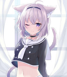  animal_ear_fluff animal_ears arms_behind_back black_collar black_hairband black_shirt buttons cat_ears cat_girl cat_tail closed_mouth collar commentary_request crop_top crop_top_overhang curtain_grab curtains dot_nose female hairband hakazenanato hololive light_purple_hair long_sleeves looking_at_viewer medium_hair midriff navel necktie nekomata_okayu nekomata_okayu_(casual) official_alternate_costume one_eye_closed purple_eyes sailor_collar sailor_shirt shirt smile solo stomach tail upper_body virtual_youtuber white_necktie window 