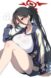  ariko_youichi black_hair black_wings blue_archive blush breasts collarbone commentary_request female gym_shirt gym_shorts gym_uniform hair_between_eyes halo hand_up hasumi_(blue_archive) hasumi_(track)_(blue_archive) huge_breasts jacket long_hair long_sleeves official_alternate_costume partially_unzipped ponytail red_eyes red_halo shirt shorts simple_background sitting solo sweat thought_bubble track_jacket translated wet wet_clothes wet_shirt white_background wings 