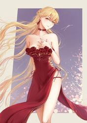  alternate_costume arm_behind_back bare_shoulders blonde_hair braid breasts china_dress chinese_clothes choker cleavage closed_mouth collarbone commentary_request dress earrings female filha flower french_braid girls&#039;_frontline hand_on_own_chest highres jewelry long_hair looking_at_viewer medium_breasts nail_polish ots-14_(girls&#039;_frontline) petals purple_background red_choker red_dress red_flower red_nails red_rose ring rose signature sleeveless sleeveless_dress solo standing upper_body wedding_ring yellow_eyes 