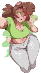  anthro big_breasts breasts brown_hair cleavage clothed clothing cricetid female gesture green_eyes hair hamster hand_gesture hi_res lightsource mammal noms_(nimzy) rodent solo v_sign wide_hips 