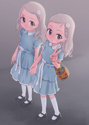  2girls absurdres aged_down arm_up black_footwear blue_dress blue_eyes braid brown_eyes brown_hair candy commentary_request cosplay dress food forehead full_body grady_sisters_(the_shining) grady_sisters_(the_shining)_(cosplay) grey_background halloween halloween_costume highres hisakawa_hayate hisakawa_nagi holding_hands idolmaster idolmaster_cinderella_girls kneehighs lolicon mary_janes multiple_girls shoes short_hair short_sleeves siblings simple_background sisters socks standing tamura-chan the_shining trick-or-treating twins v werther&#039;s_original white_legwear 